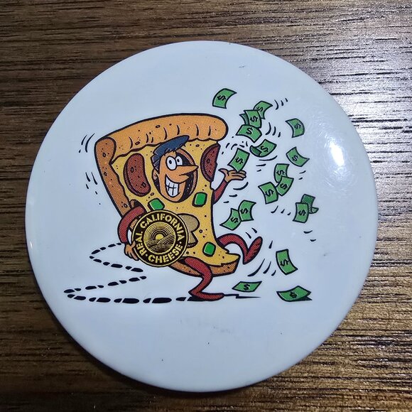 Real California Cheese Pinback Button Pizza Character with Money Collectible Pin - Picture 1 of 2